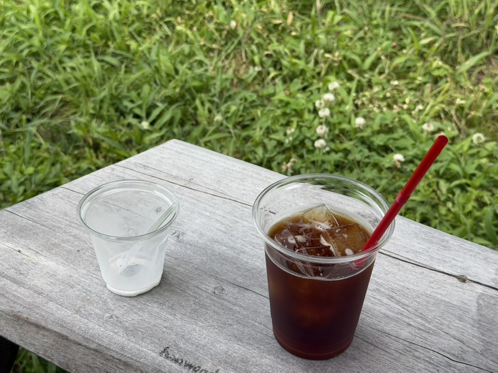 食べ終えたソフトクリームのカップとアイスコーヒー